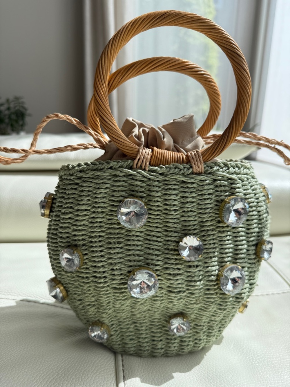 Zara Rhinestone Crystal Embellished Mini Straw Bucket Bag- - Picture 13 of 17